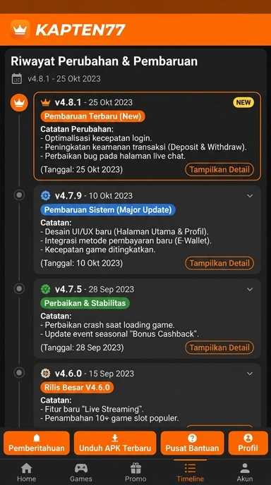 Riwayat Versi Kapten77 untuk Pengguna Android